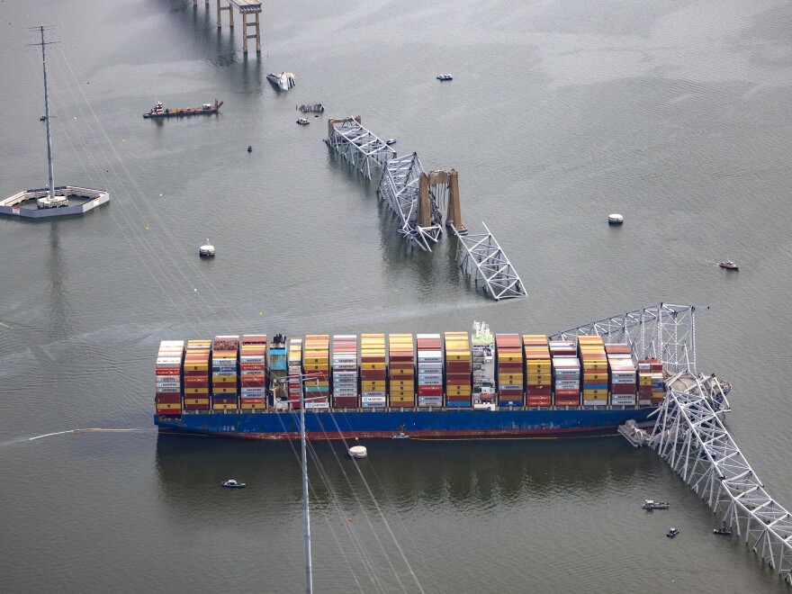Aerial view of Francis Scott Key Bridge collapse with MV Dali Baltimore 2024