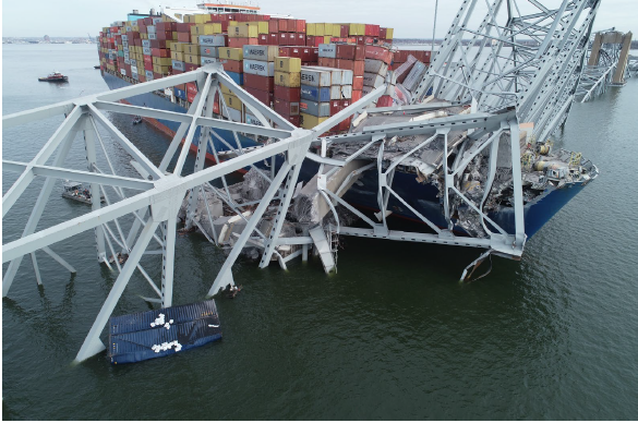 MV Dali containership with collapsed Francis Scott Key Bridge wreckage on its bow, Baltimore 2024