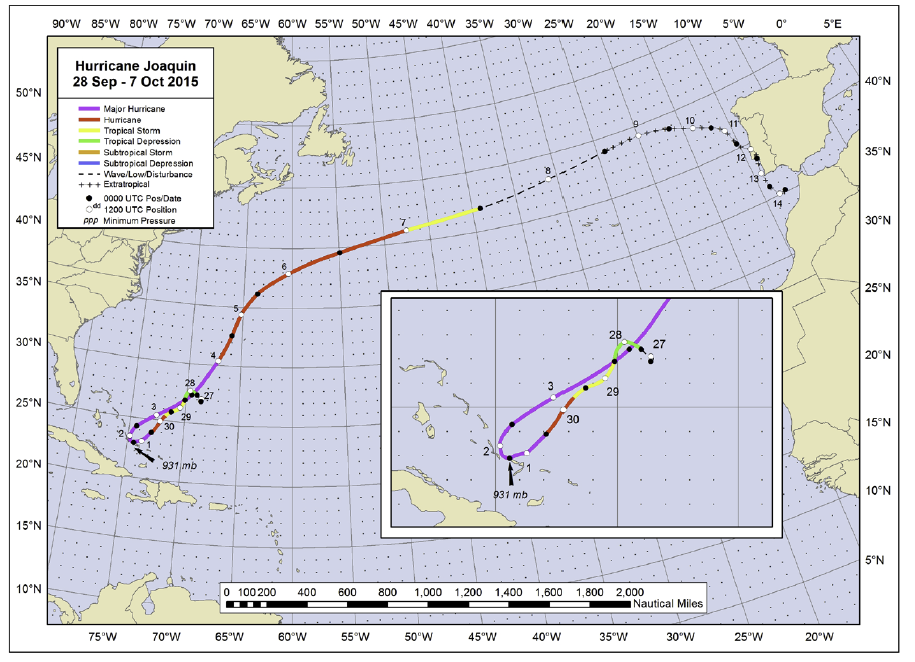 Hurricane Joaquin track map versus El Faro planned route Atlantic Bahamas 2015